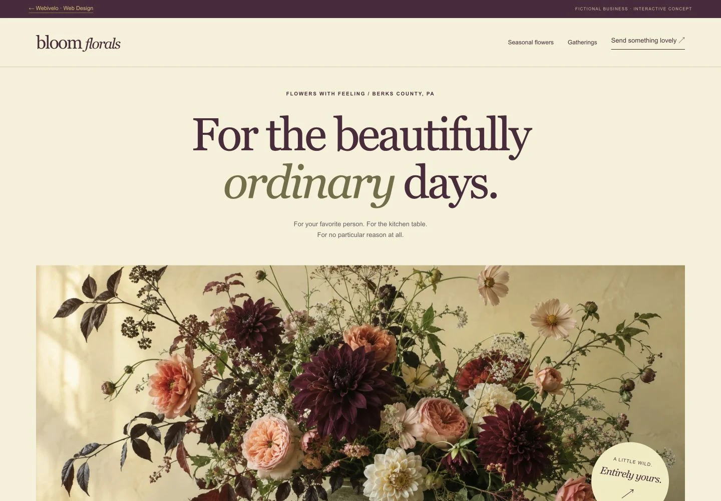 The Bloom Florals website concept with plum typography and seasonal flowers