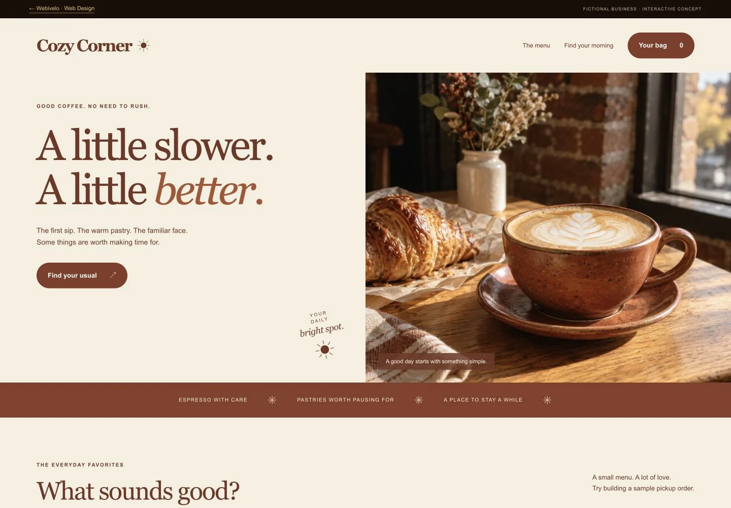 The Cozy Corner Café website concept with terracotta typography and café photography