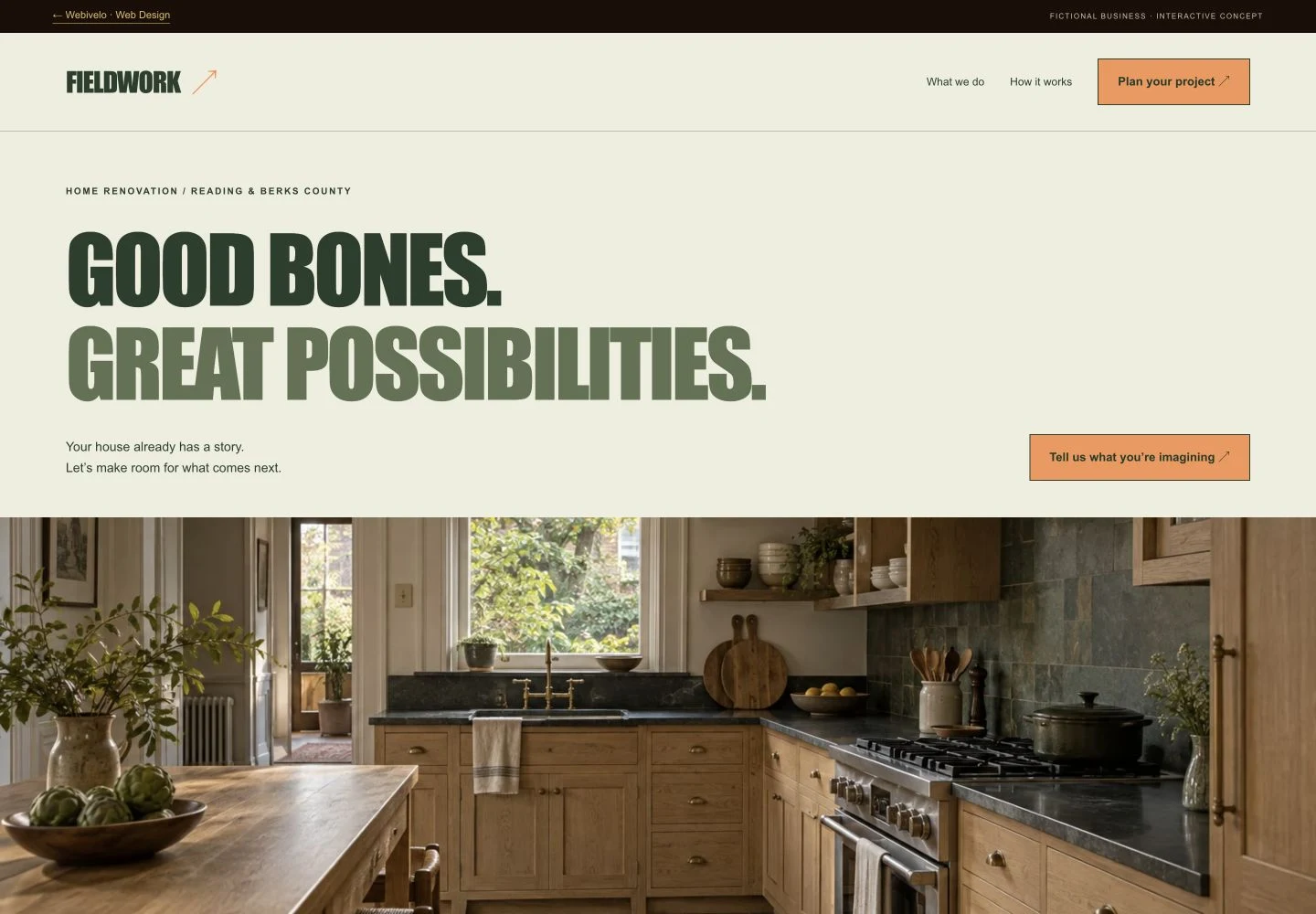 The Fieldwork renovation website concept with bold typography and an oak kitchen